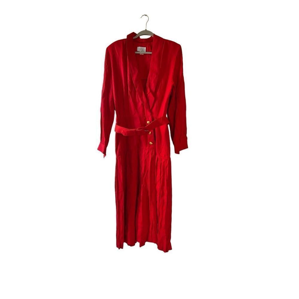Vintage 80s red midi dress with pleating and gold buttons size 14